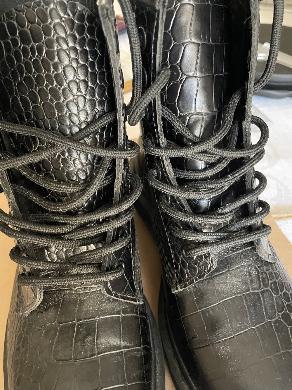 Dr. Martens 1460 Black Croc-Embossed Lace-Up Combat Boots - Picture 11 of 12